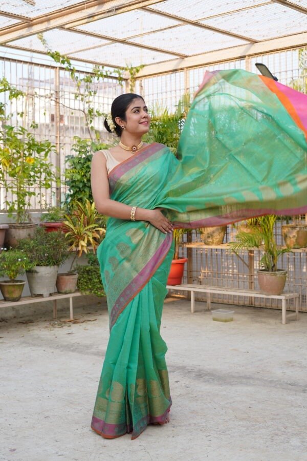 Green Colour Semi cotton Zari Banarasi Saree