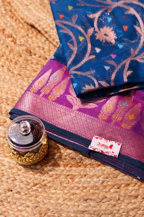 Peacock Blue Semi Cotton Banarasi Saree